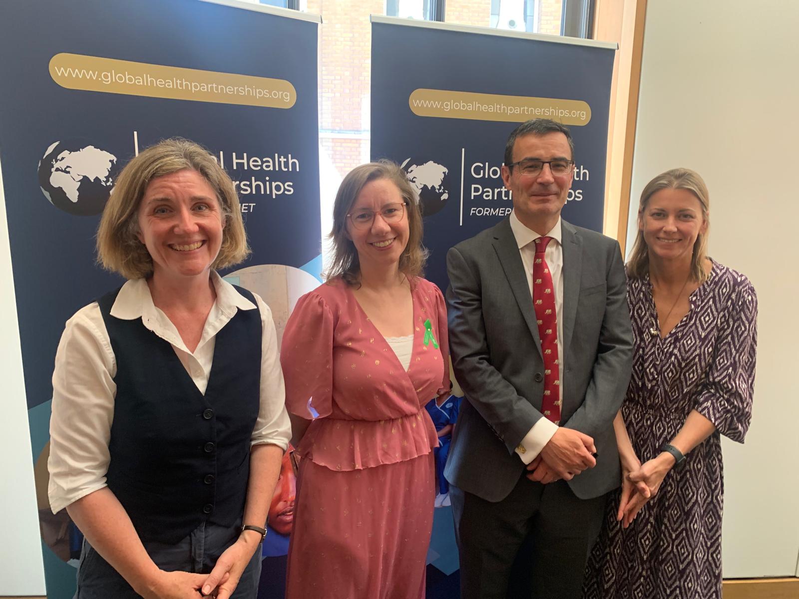 Photograph of APPG Global Health & Security Officers taken at inaugural meeting in May 2025. From left to right: Dr Beccy Cooper MP, Dr Lauren Sullivan MP, Lord Oates, Baroness Sugg.